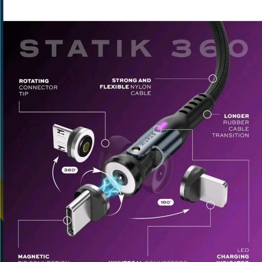 Statik 360 Universal Magnetic Charging Cable w/ 3 Magnetic Tips | 6 FT Cable NEW